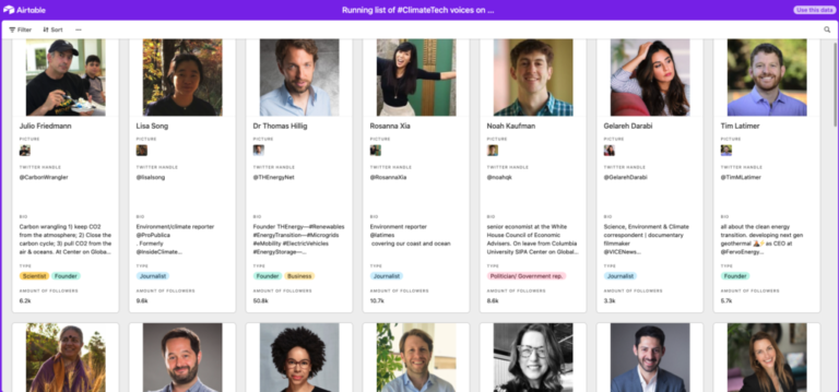 airtable influencers database - how to get started in climate tech: network
