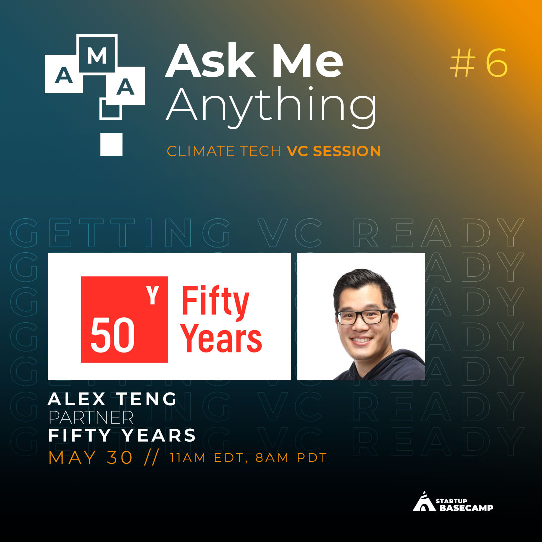Startup Basecamp "Ask Me Anything Poster" with Alex Teng and the Fifty Years Logo